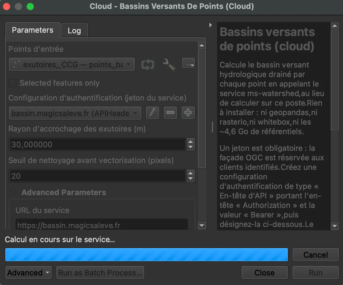 La fenêtre du traitement QGIS « Bassins versants de points (cloud) », avec ses paramètres et son aide