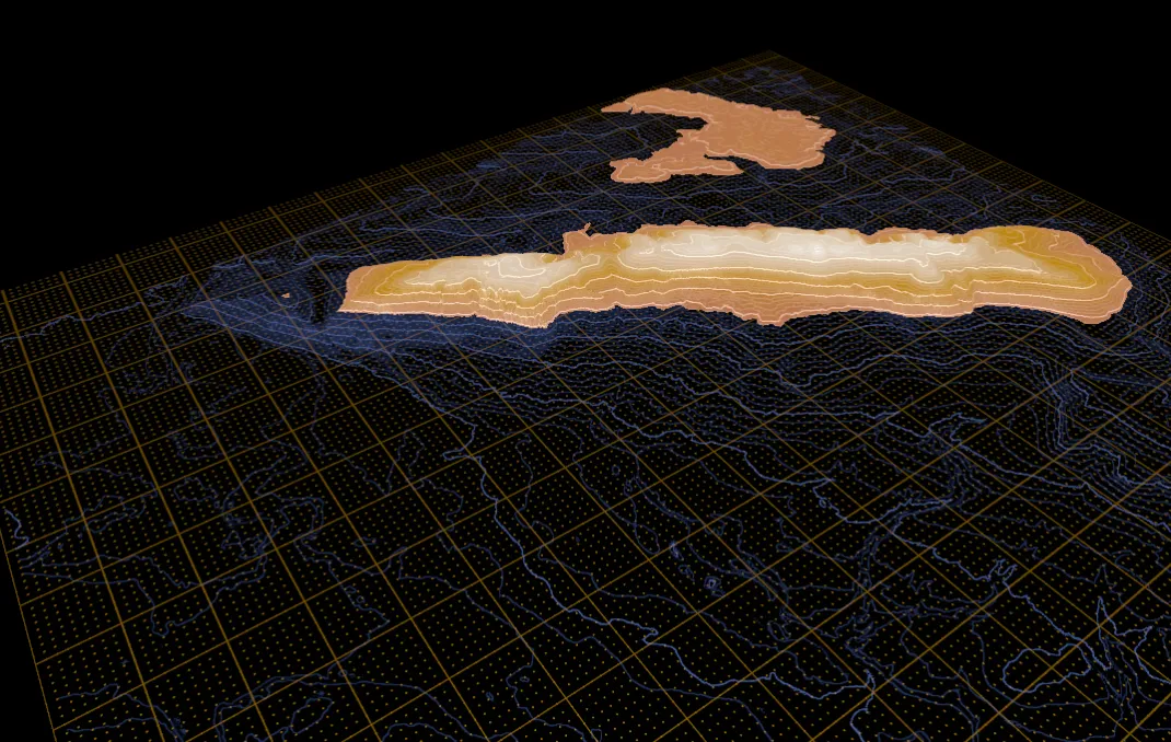 Le Salève vu du nord-ouest sur fond noir : les sommets remplis d'ocre et de beige, les courbes de niveau bleues de la plaine du Genevois, une grille ocre à points